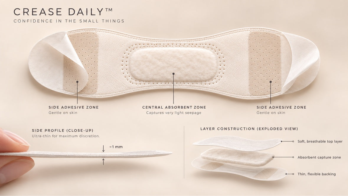 Crease Daily™ design diagram showing adhesive zones and absorbent center